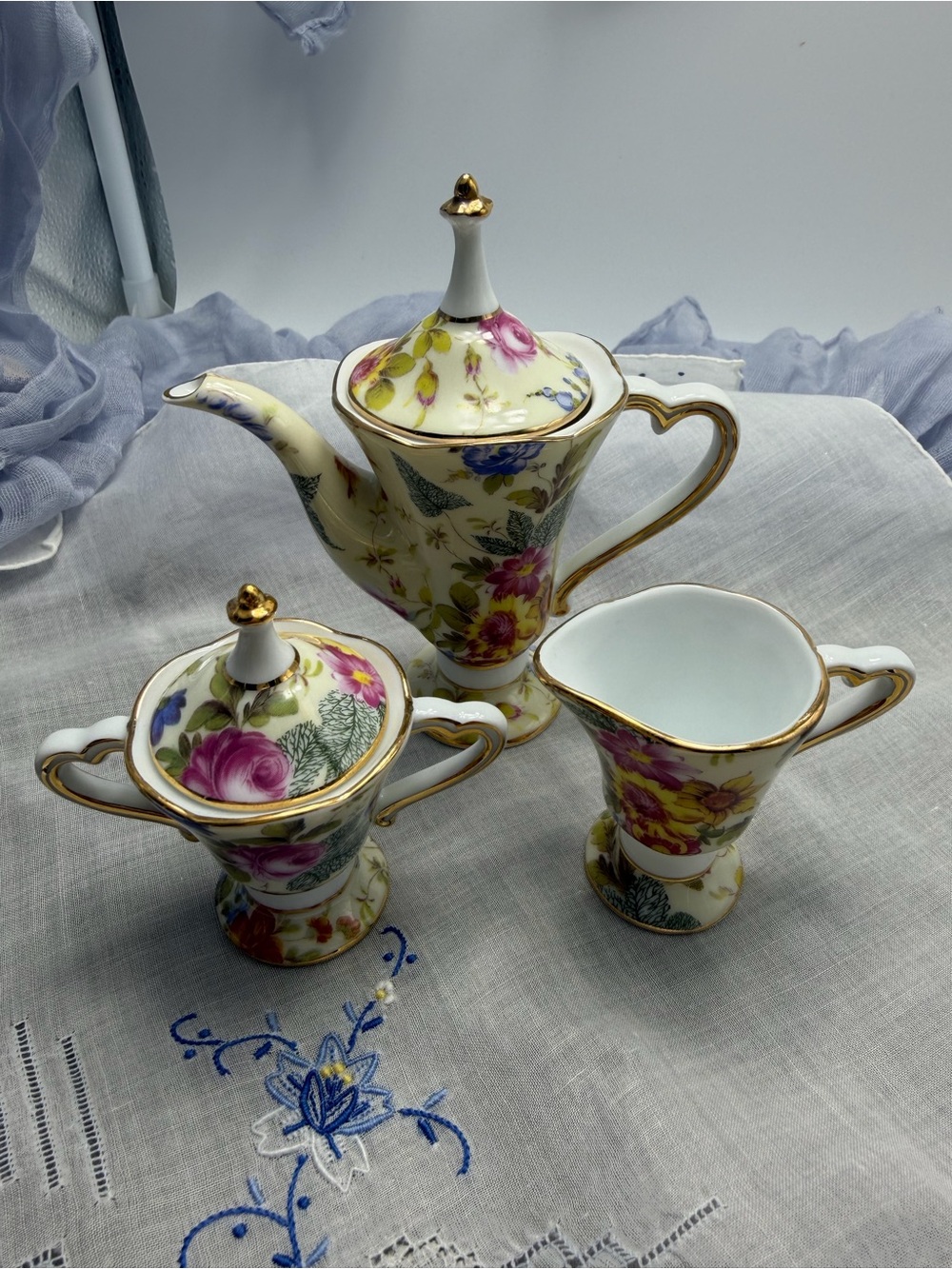 Limoges Floral Porcelain Tea Set in White, Pink, Yellow and Green with Gold Trim